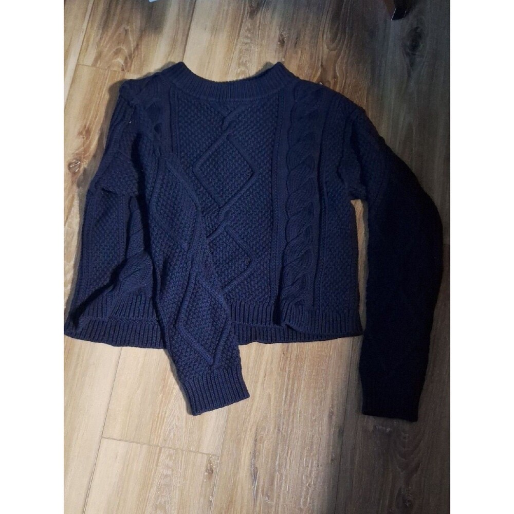 Quince 100% Organic Cotton Cropped Cable Crew Sweater Navy S NWOT - Picture 3 of 6